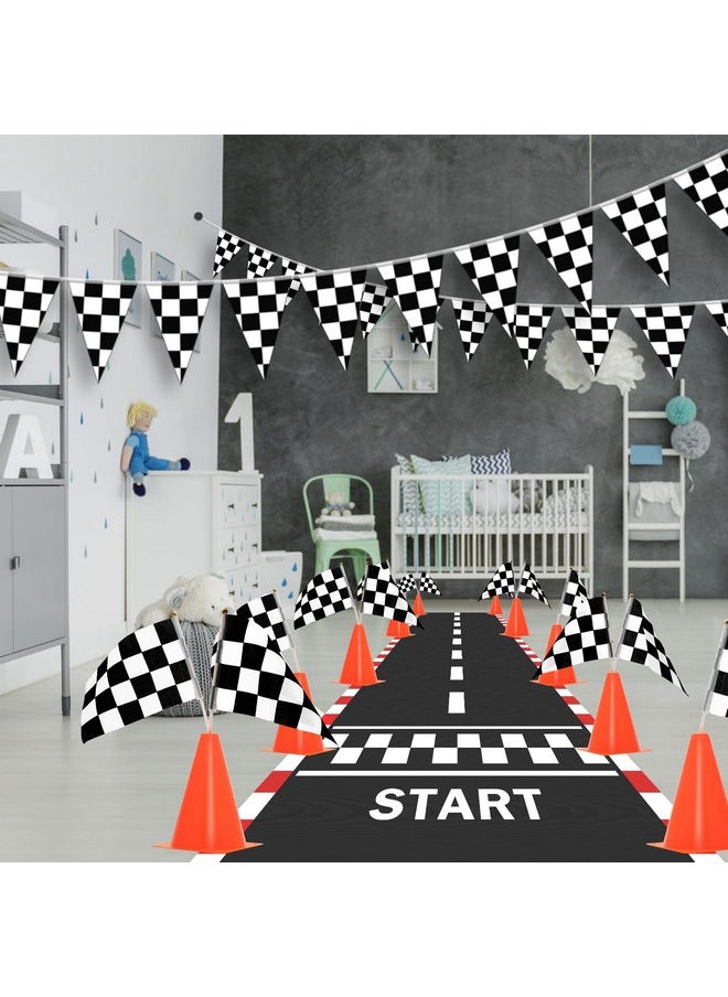 Ahier - Traffic Cones and Racing Checkered Flags, AHIER 38 Pcs Set -12 Plastic Traffic Cones With Hole, 24 Checkered Flags with Sticks, 6.5Ft Racetrack Floor Runner and 9.8ft Checkered Race Track Banner - Image 1