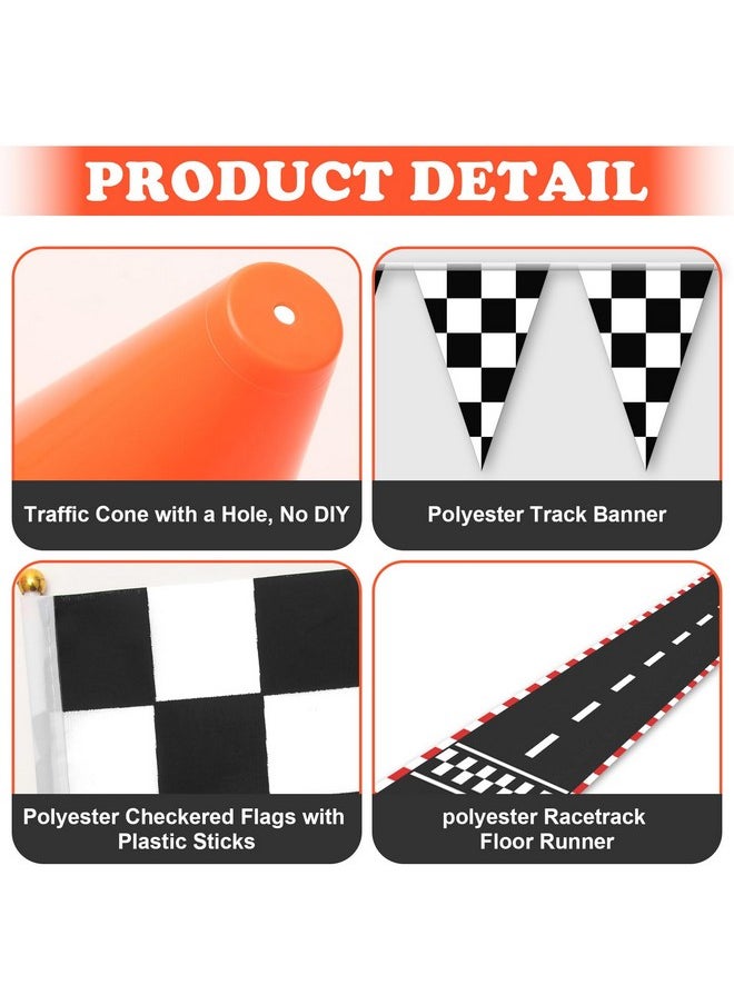 Ahier - Traffic Cones and Racing Checkered Flags, AHIER 38 Pcs Set -12 Plastic Traffic Cones With Hole, 24 Checkered Flags with Sticks, 6.5Ft Racetrack Floor Runner and 9.8ft Checkered Race Track Banner - Image 1