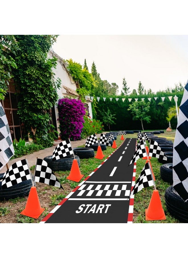 Ahier - Traffic Cones and Racing Checkered Flags, AHIER 38 Pcs Set -12 Plastic Traffic Cones With Hole, 24 Checkered Flags with Sticks, 6.5Ft Racetrack Floor Runner and 9.8ft Checkered Race Track Banner - Image 1