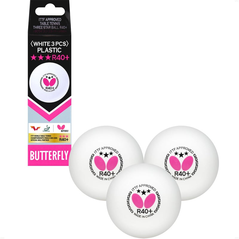 Butterfly R40+ Table Tennis Balls - 40mm White Ping Pong Ball - 3 Pack - Image 1