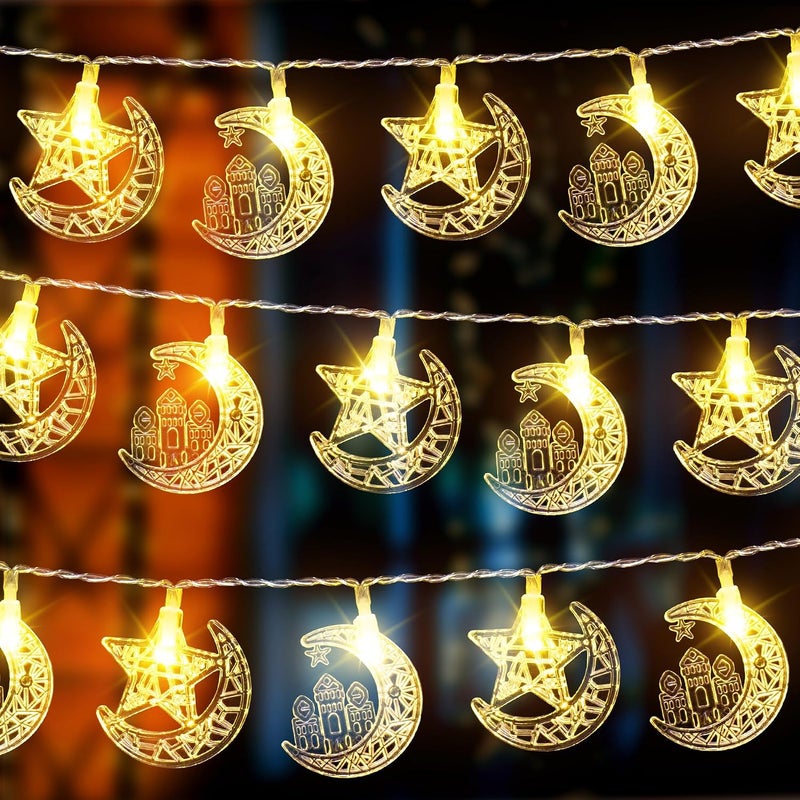 LODROC رمضان 9.84 قدم 20 لمبة LED أضواء خيطية على شكل نجوم رمضان، وضعان تشغيل تعمل بالبطارية أضواء خرافية لعيد مبارك للزينة الداخلية والخارجية للحفلات (نجم القمر) - Image 1