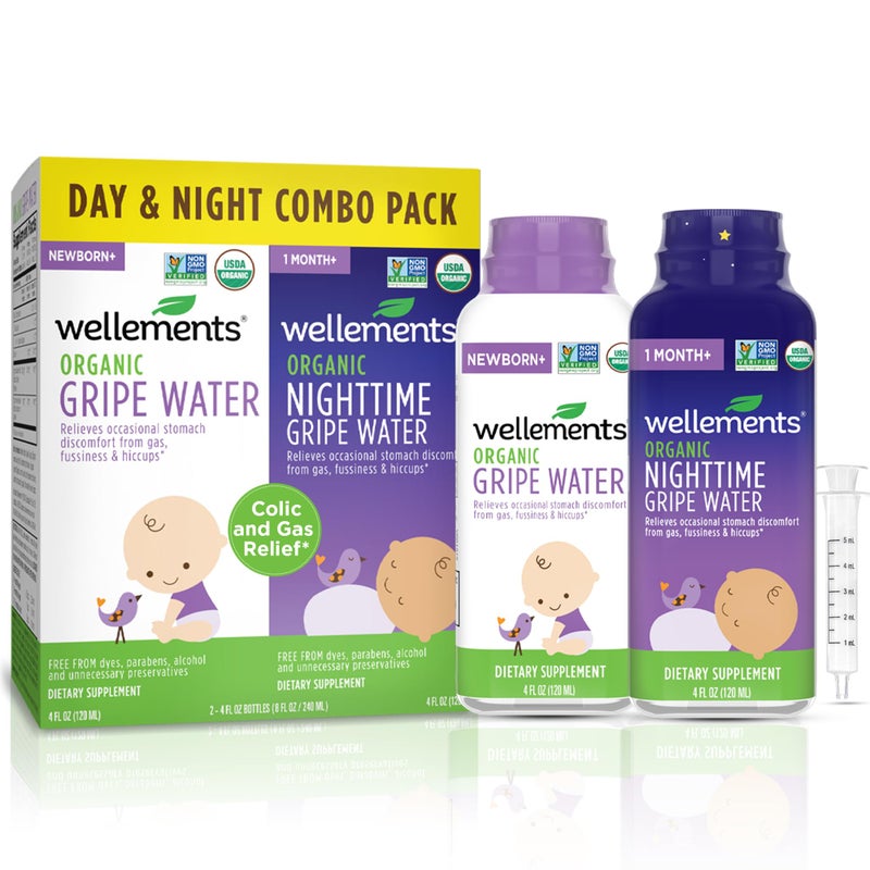 Wellements Organic Gripe Water for Babies Day Night Combo Pack 4 Fl Oz Infant Gripe Water Newborn Calms Occasional Stomach Discomfort from Baby Gas Colic Hiccups Fussiness USDA Certified