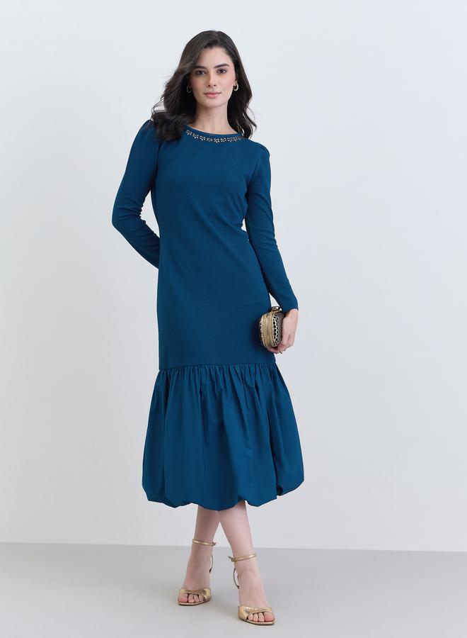 Women Teal Embellished Neckline Midi Dress