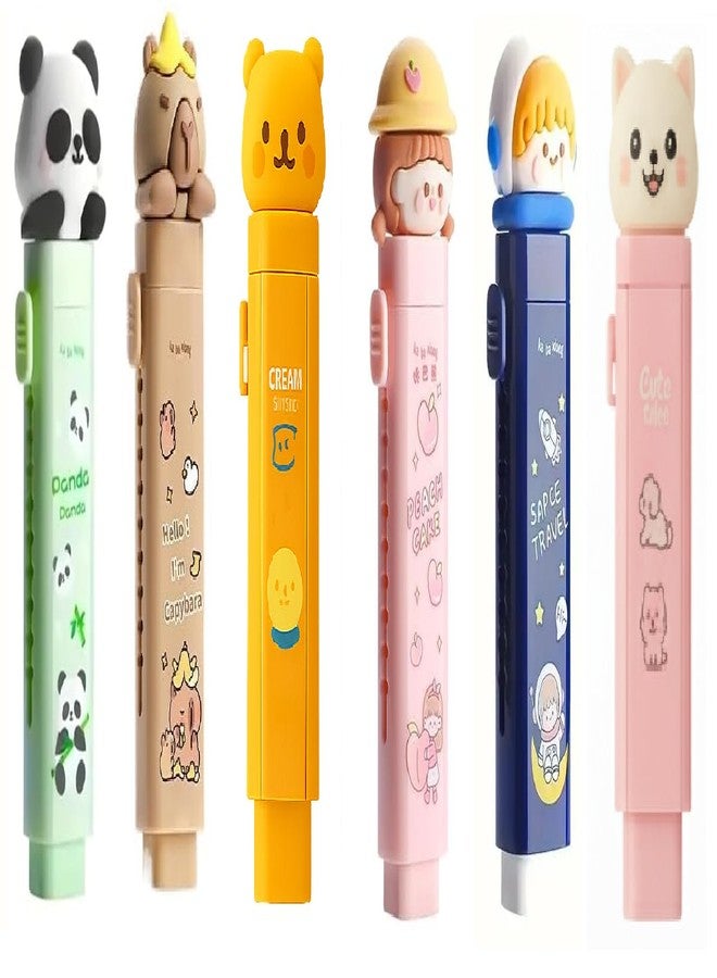 Invite Enterprise Cartoon Adorable Erasers Children School Office:Push Pull Retractable Erasers with a Pastel Aesthetic Pencil Eraser & Cute Rubber (Brown + Yellow + Baby Pink + Blue + Green + Cat Pink)(Pack of 6) - Image 1