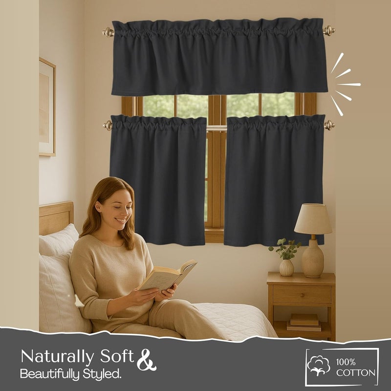 Native Fab 3 Pieces Window Curtain Tiers 26"x36" and Valance 54"x18" Set - Rod Pocket - Semi Sheer - Farmhouse Short Curtain for Kitchen, Bedroom, Bathroom - Grey - Image 4