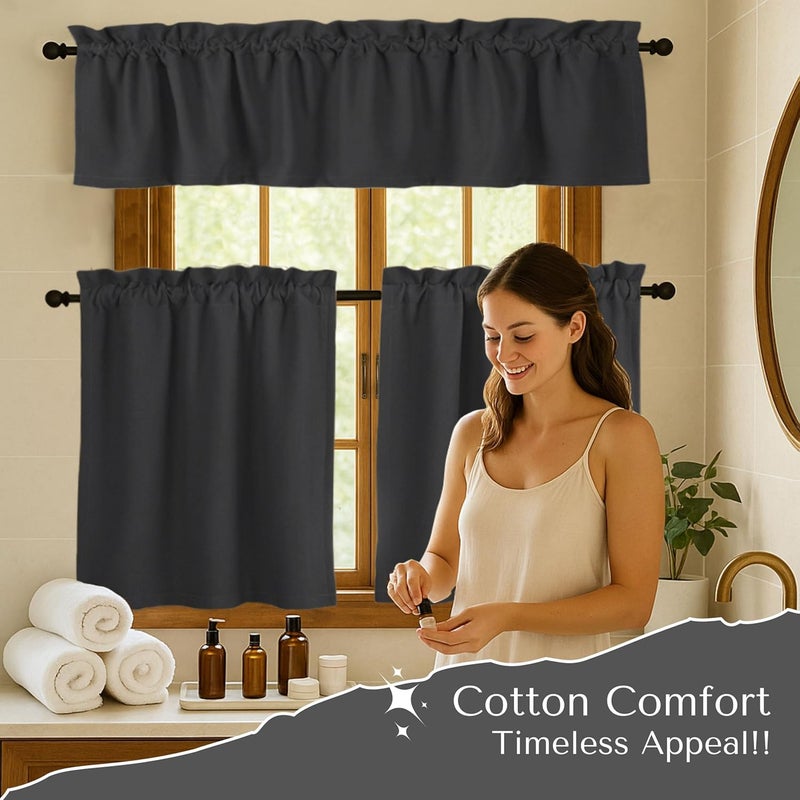 Native Fab 3 Pieces Window Curtain Tiers 26"x36" and Valance 54"x18" Set - Rod Pocket - Semi Sheer - Farmhouse Short Curtain for Kitchen, Bedroom, Bathroom - Grey - Image 2