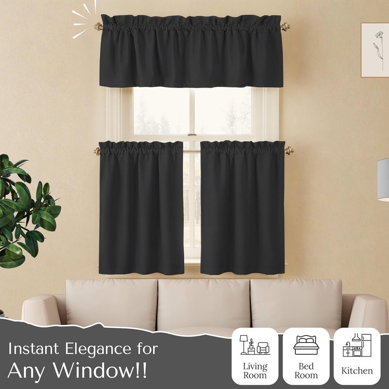 Native Fab 3 Pieces Window Curtain Tiers 26"x36" and Valance 54"x18" Set - Rod Pocket - Semi Sheer - Farmhouse Short Curtain for Kitchen, Bedroom, Bathroom - Grey - Image 3