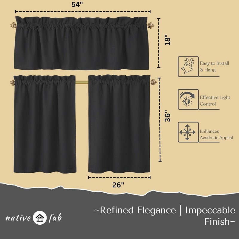 Native Fab 3 Pieces Window Curtain Tiers 26"x36" and Valance 54"x18" Set - Rod Pocket - Semi Sheer - Farmhouse Short Curtain for Kitchen, Bedroom, Bathroom - Grey - Image 5