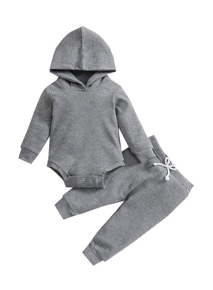 Newborn Unisex Baby Clothes Set Hooded Long Sleeve Bodysuit Stretchy Pants Ribbed Outfits Fall Winter - Image 1