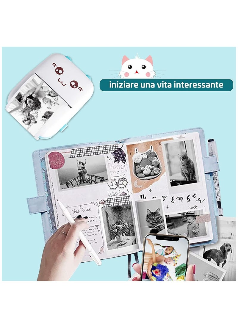 Mini printer portable, pocket thermal printer with 10 rolls of printing paper and 5 color pens, used for photo, image, office receipt, label, QR code, inkless printing, iOS Android application (blue)
