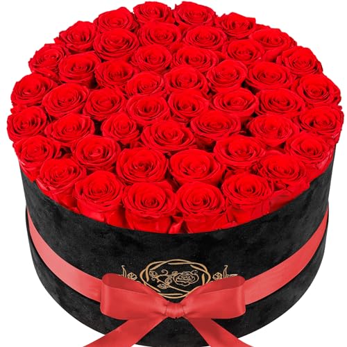 Prifroti بريفروني 47 زهرة في صندوق سويد فاخر، هدايا عيد ميلاد للنساء، زهور محفوظة، هدية عيد الأم للأم، حمراء - Image 1