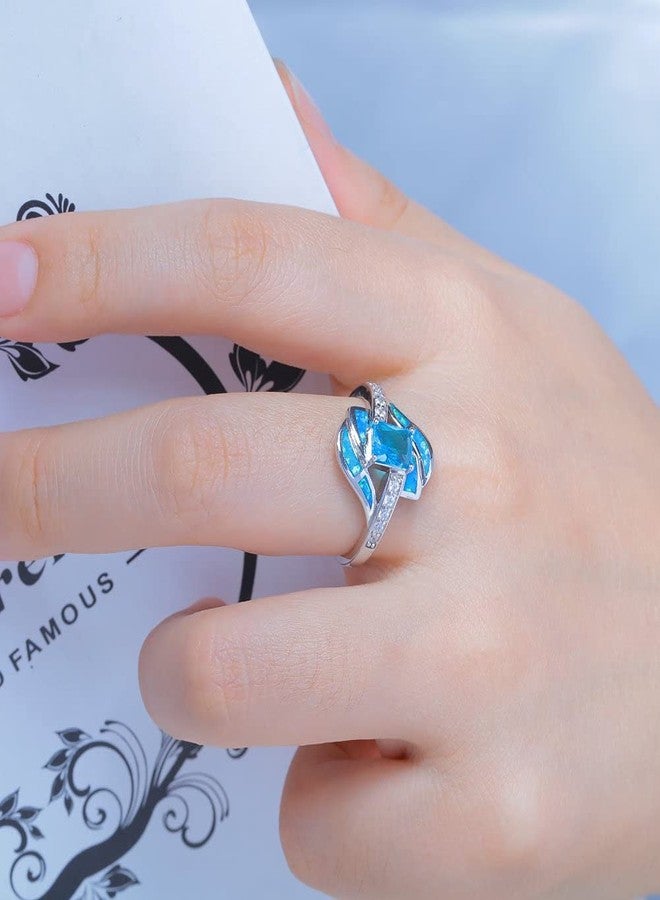 CiNily Silver Blue Fire Opal Aquamarine for Women Jewelry Gemstone Ring Size 10 - Image 5