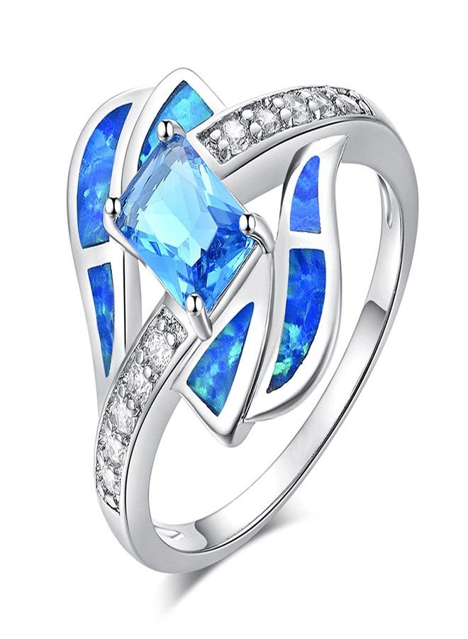 CiNily Silver Blue Fire Opal Aquamarine for Women Jewelry Gemstone Ring Size 10 - Image 1