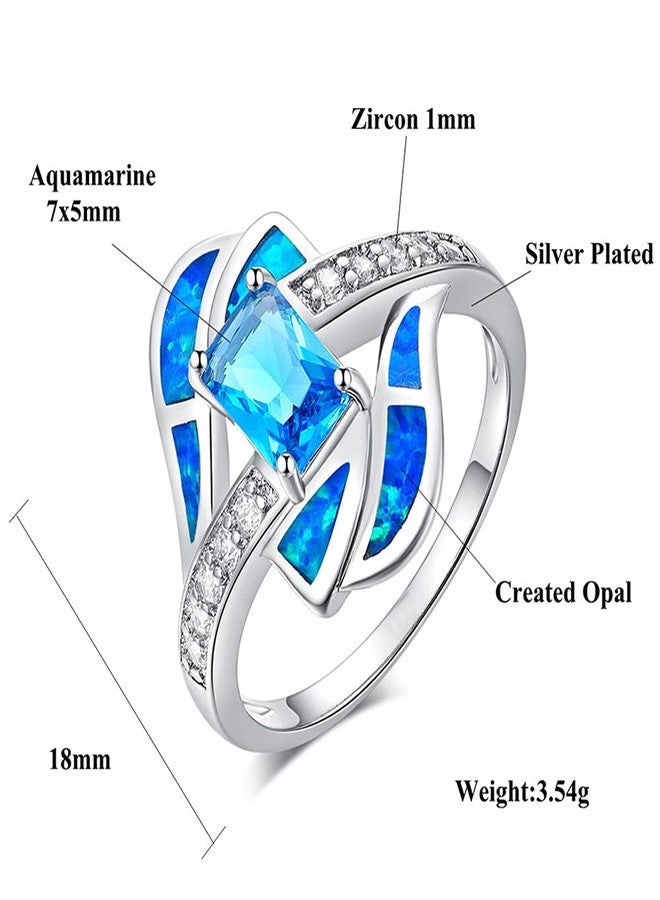 CiNily Silver Blue Fire Opal Aquamarine for Women Jewelry Gemstone Ring Size 10 - Image 2
