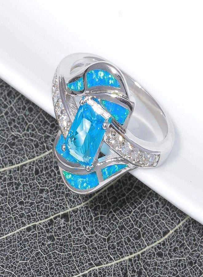 CiNily Silver Blue Fire Opal Aquamarine for Women Jewelry Gemstone Ring Size 10 - Image 3