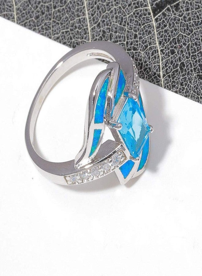 CiNily Silver Blue Fire Opal Aquamarine for Women Jewelry Gemstone Ring Size 10 - Image 4