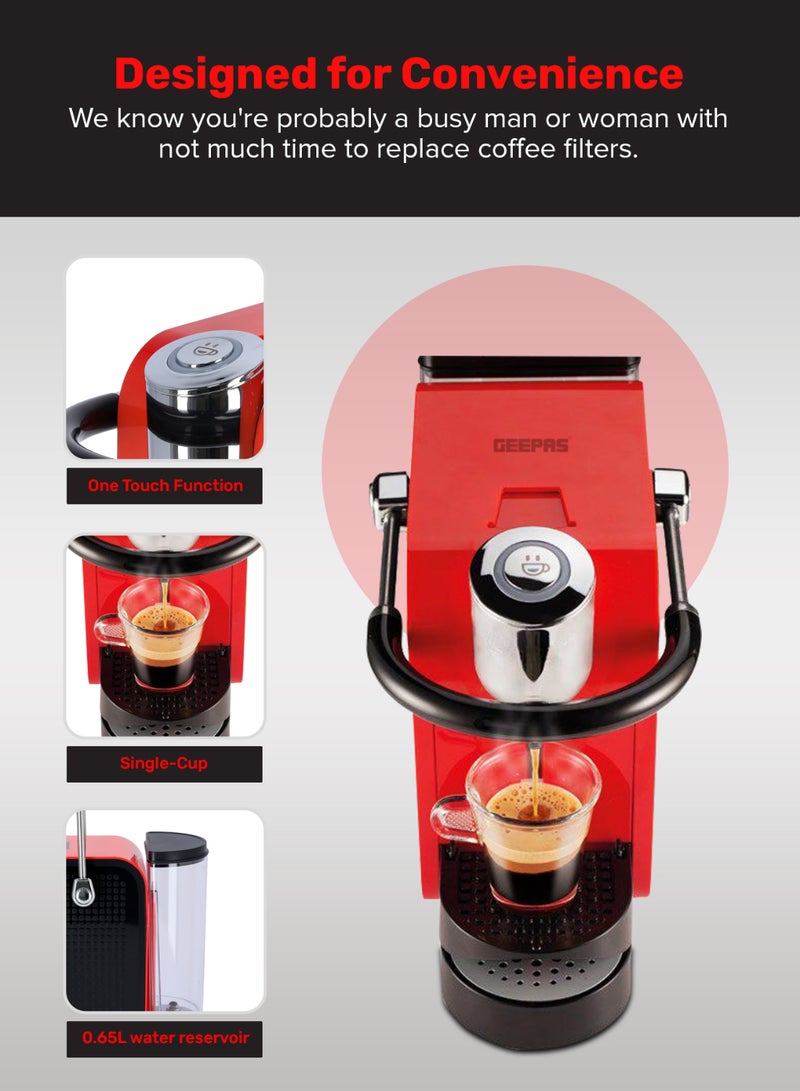 GEEPAS Capsule Coffee Machine | Single Serve Coffee Brewer with Single-Cup | Quick Brew Technology, Programmable Features, One Touch Function | 2 Years Warranty 0.6 L 1145 W GCM41509 Red/Black - Image 2