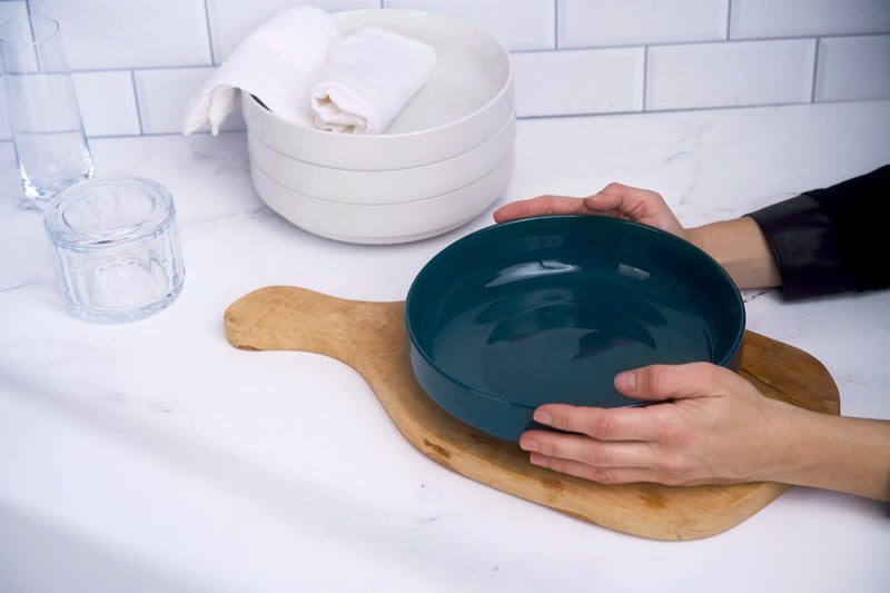 KooK Pasta Bowl, Bowl Plate, Low Bowl, Plate Bowls, Ceramic Large Shallow Bowls, Microwave and Dishwasher Safe, Great for Soups and Salads, Glossy Porcelain, 47 oz, Set of 4, Teal - Image 3