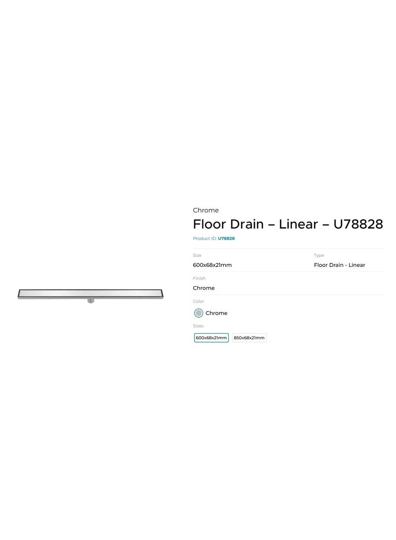 Utopia Floor Drain – Linear – U78828 - 600x68x21mm - Chrome - Image 2