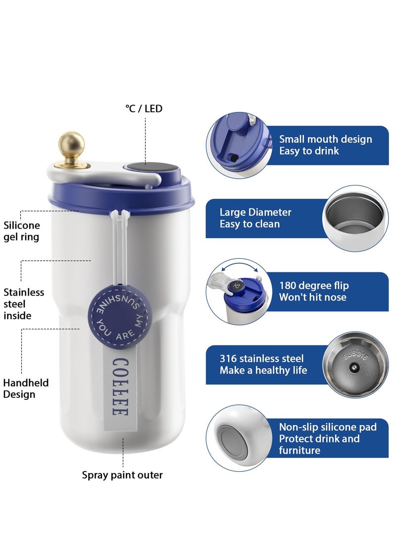 SYOSI Insulated Stainless Steel Travel Coffee Mug LED Smart Temperature Display with Leak-Proof Lid, Keeps Cold for 12 Hours or Hot for 10 Hours for Ice Drinks and Hot Beverage 14oz Blue-White - Image 4