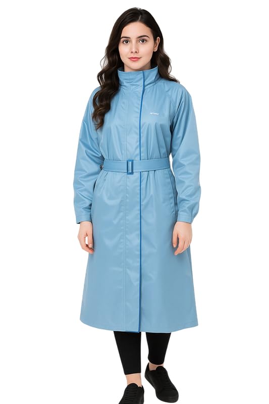 Krystle Women's Full-Length Raincoat with Adjustable Belt - Waterproof, Lightweight, and Stylish (Blue,Large) - Image 1