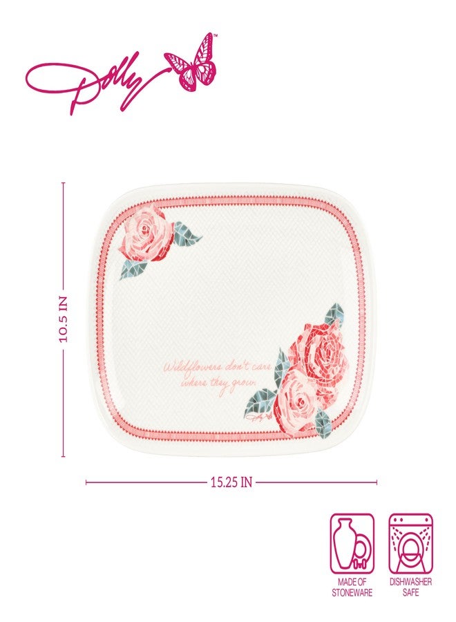 Dolly Parton Jeweled Mosaic Pink Roses Serving Tray Wildflowers Sentiment Stoneware, Appetizers Dessert Serveware Platter, 15.25 Inch - Image 2