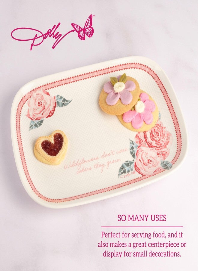 Dolly Parton Jeweled Mosaic Pink Roses Serving Tray Wildflowers Sentiment Stoneware, Appetizers Dessert Serveware Platter, 15.25 Inch - Image 3