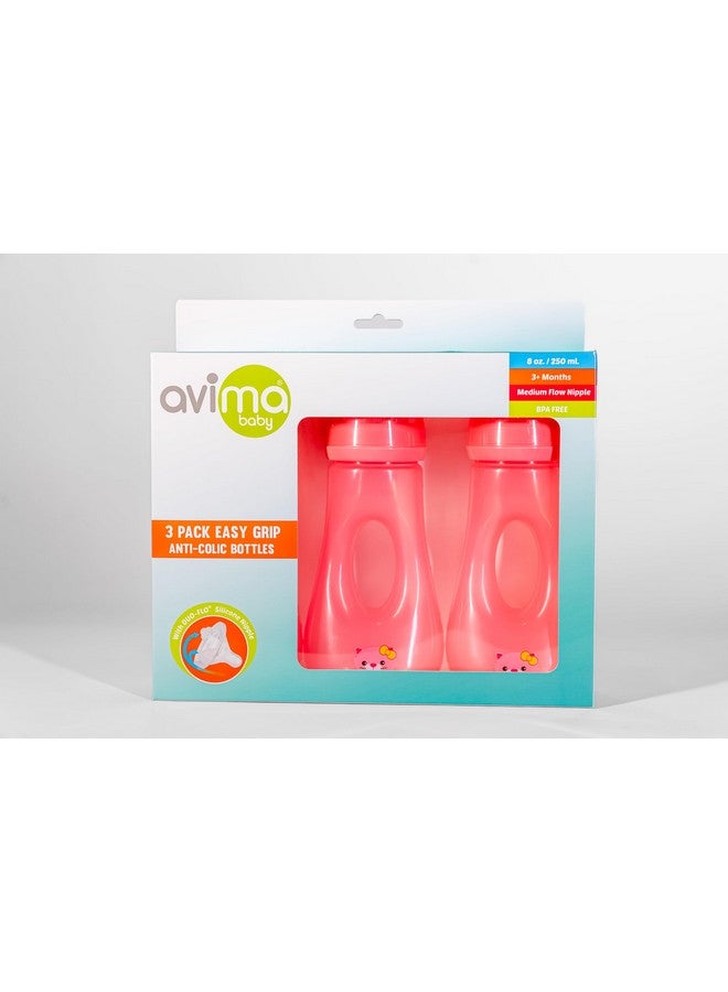 AVIMA Easy Grip Anti Colic Baby Bottles Bpa Free 8 Oz. Wide Neck With Medium Flow Silicone Nipples Pink (Pack Of 3) - Image 3