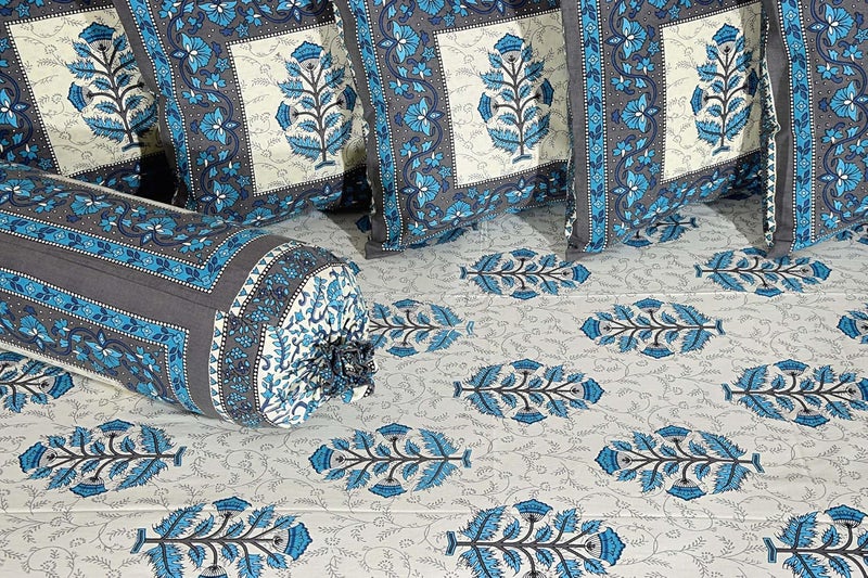 AMLEXTTRIZ Special Floral Pure Soft Cotton Diwan Cover Set 8 Pcs Set 5 Cushion Cover2 Bolster Cover1 Bedsheet Gray - Image 2