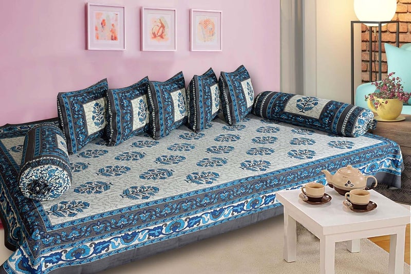 AMLEXTTRIZ Special Floral Pure Soft Cotton Diwan Cover Set 8 Pcs Set 5 Cushion Cover2 Bolster Cover1 Bedsheet Gray - Image 1