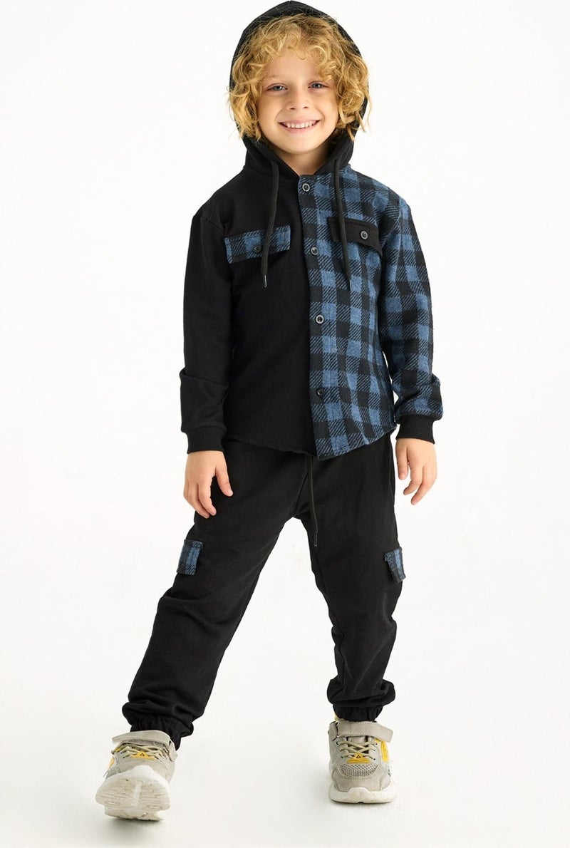 Zepkids Boy Plaid Pocket Hooded Tracksuit Set  - Image 4