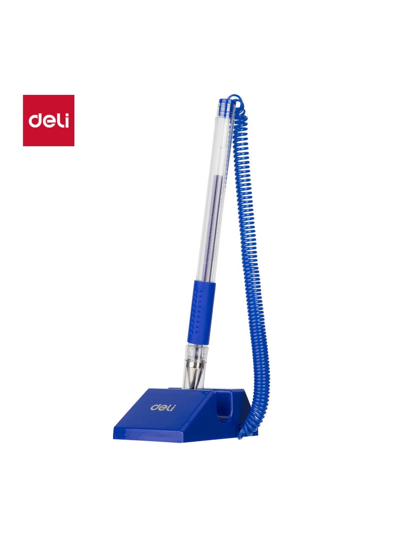 Deli E6791-BL Desk Pen with Stand – Adhesive Base, 180° Rotatable, Soft Grip, Tethered Ballpoint Pen for Office, Reception & Counter Use, Blue, 1 piece. - Image 1