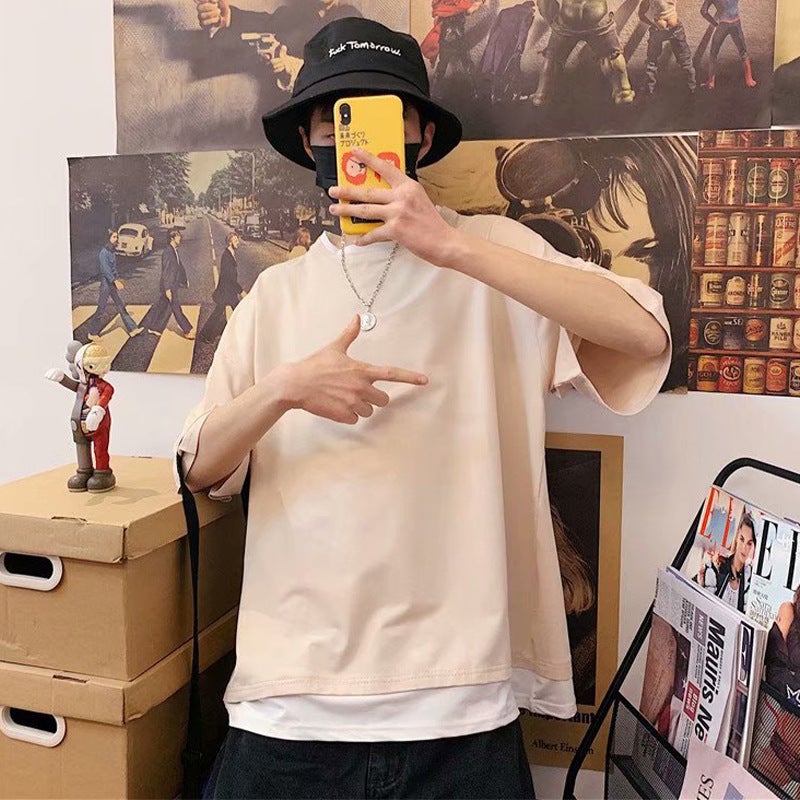 Summer Trendy Brand Fake Two-Piece Short-Sleeved T-Shirt For Boys Korean Loose Fashionable Instagram Style T-Shirt Handsome Internet Popular Half-Sleeved Clothes - Image 3