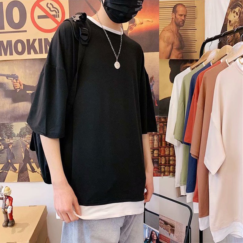 Summer Trendy Brand Fake Two-Piece Short-Sleeved T-Shirt For Boys Korean Loose Fashionable Instagram Style T-Shirt Handsome Internet Popular Half-Sleeved Clothes - Image 1