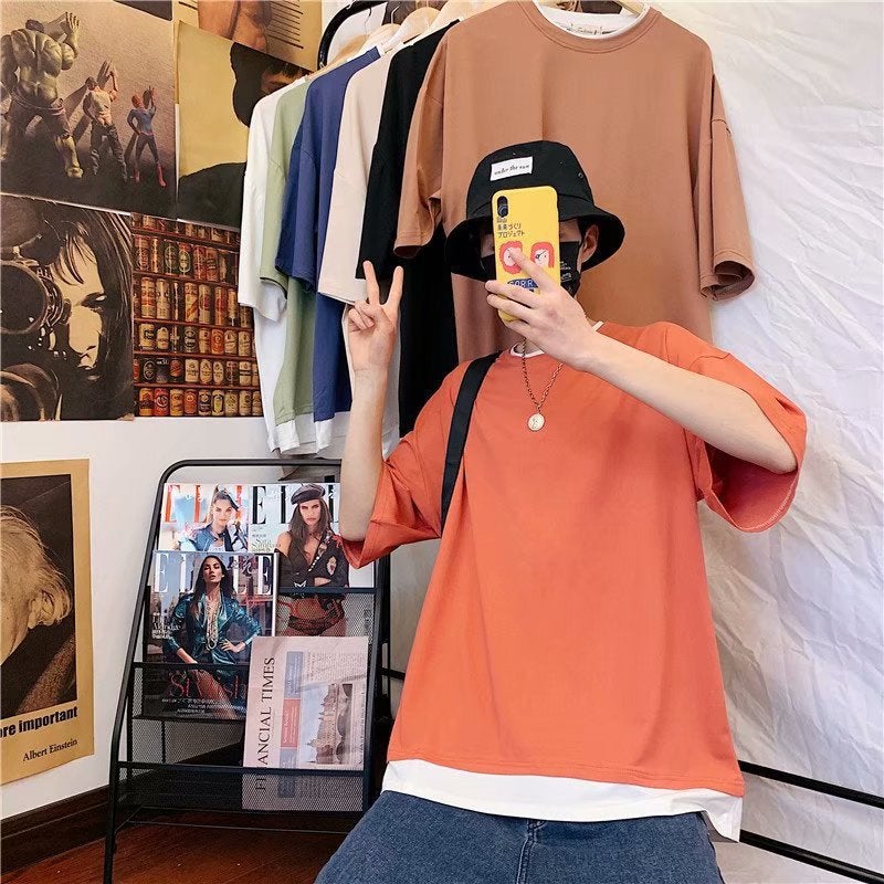 Summer Trendy Brand Fake Two-Piece Short-Sleeved T-Shirt For Boys Korean Loose Fashionable Instagram Style T-Shirt Handsome Internet Popular Half-Sleeved Clothes - Image 4