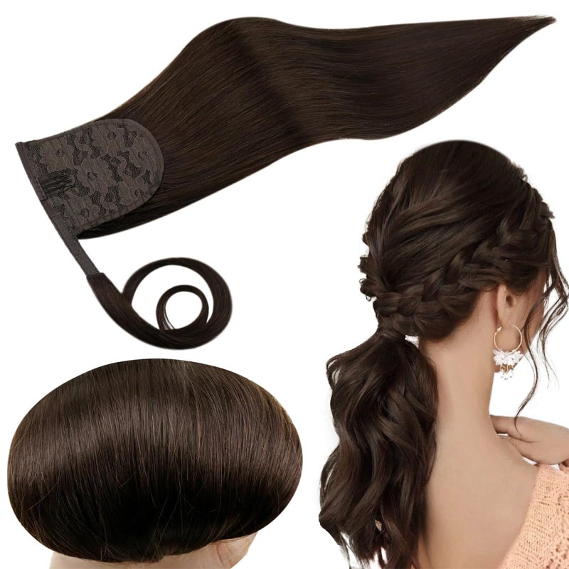 RUNATURE Dark Brown Ponytail Extension Real Human Hair Short Ponytail Hair Extensions Remy Hair Straight Brazilian Pony Tails Hair Extensions Clips 12 Inch Human Hair Ponytail Extension Silky 70g