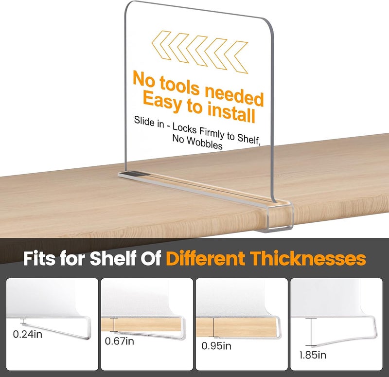 OKPOW فواصل الرفوف لتنظيم الخزانة: ارتفاع 8 بوصات × عمق 12 بوصة، فواصل أكريليك شفافة قوية للملابس والحقائب - تخزين قابل للتعديل وسهل التركيب للخزائن الخشبية لمنظم المنزل وربة المنزل، عبوة من 6 قطع - Image 5