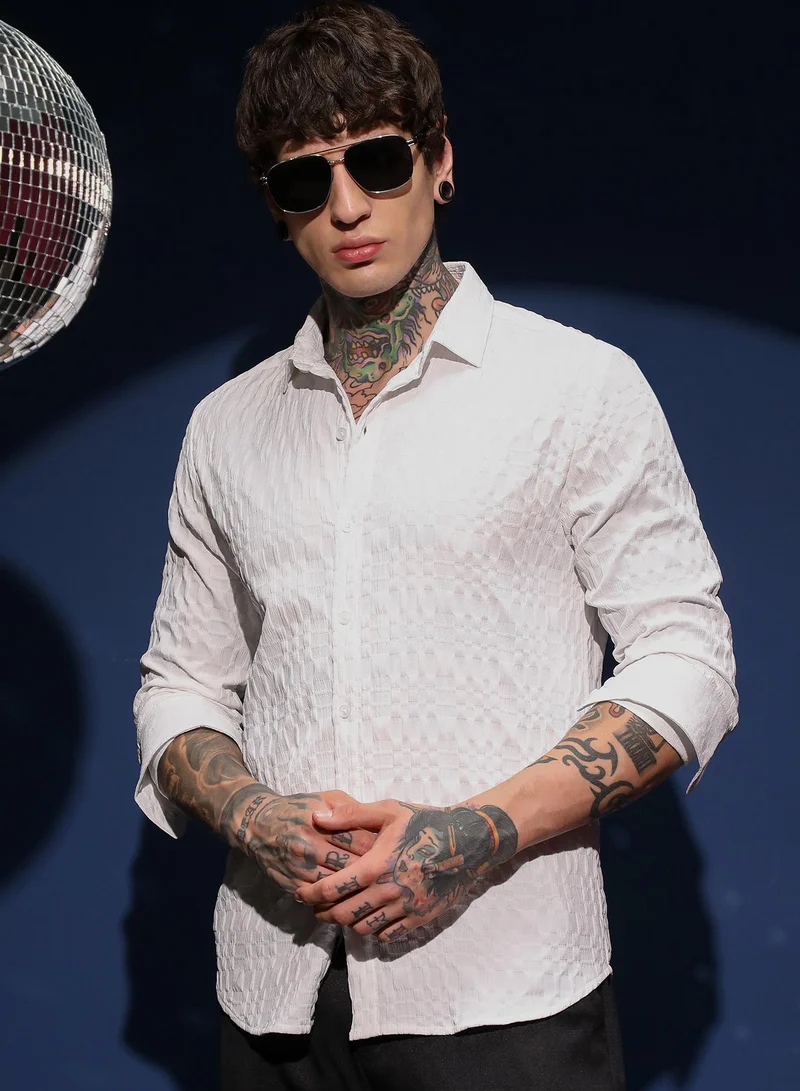 Campus Sutra Men's Daisy White Embossed Geometric Shirt
