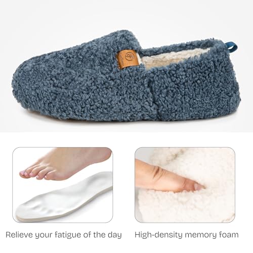 EverFoams Women’s Soft Curly Full Slippers Memory Foam Lightweight House Shoes Cozy Loafer with Polar Fleece Lining Blue,7-8 US - Image 3