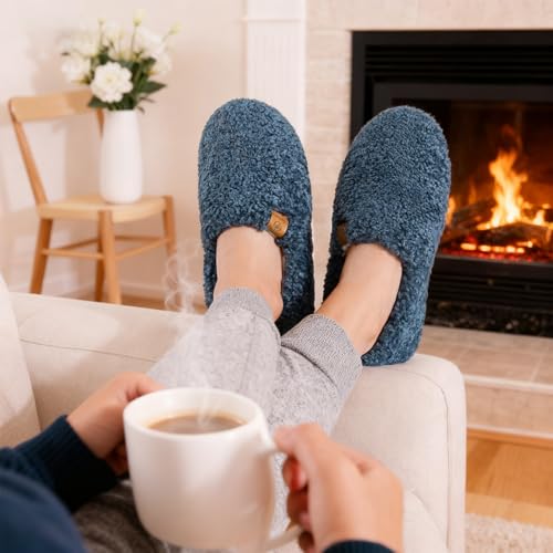 EverFoams Women’s Soft Curly Full Slippers Memory Foam Lightweight House Shoes Cozy Loafer with Polar Fleece Lining Blue,7-8 US - Image 2