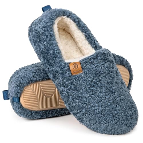 EverFoams Women’s Soft Curly Full Slippers Memory Foam Lightweight House Shoes Cozy Loafer with Polar Fleece Lining Blue,7-8 US - Image 1