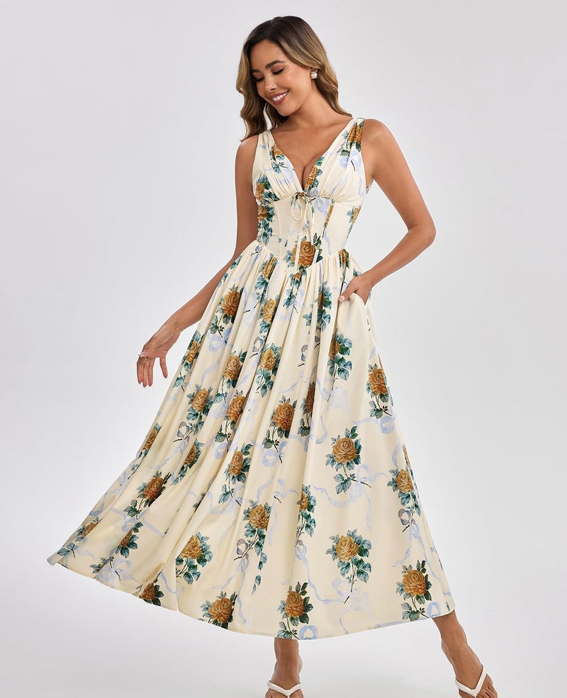 GLNEGE Floral Corset Midi Dress Milkmaid Casual V Neck Flowy A Line Sundress Wedding Guest Dresses with Pockets 2026 - Image 2