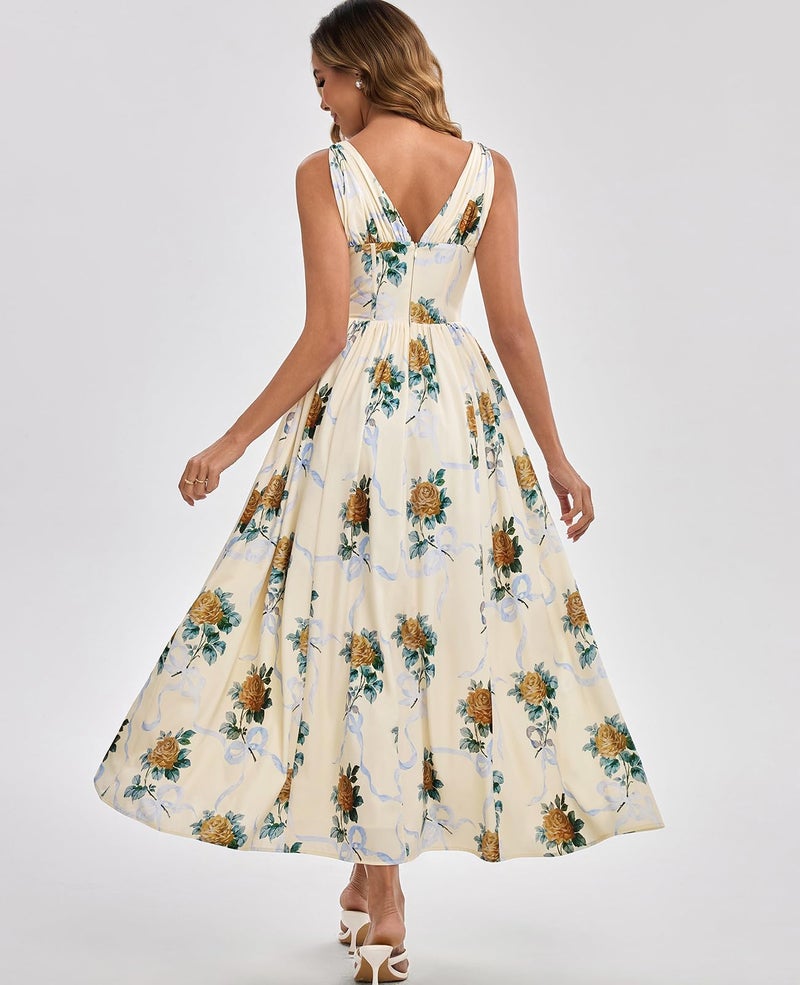 GLNEGE Floral Corset Midi Dress Milkmaid Casual V Neck Flowy A Line Sundress Wedding Guest Dresses with Pockets 2026 - Image 4