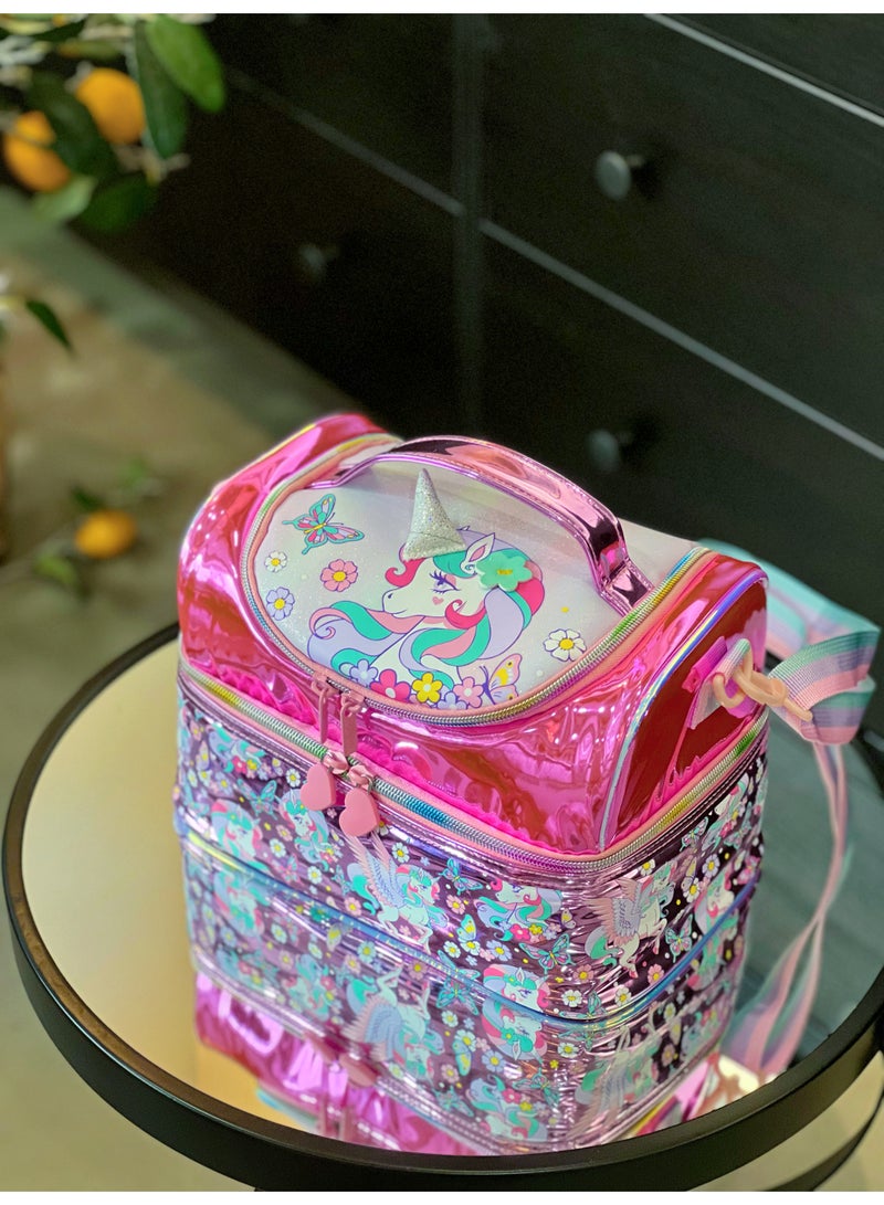 Pink Unicorn Laser Double Layer Kids Lunch Bag Portable Insulated Waterproof Bento Lunch Bag Kids Lunch Bag 17cm×26.5cm×17.5cm