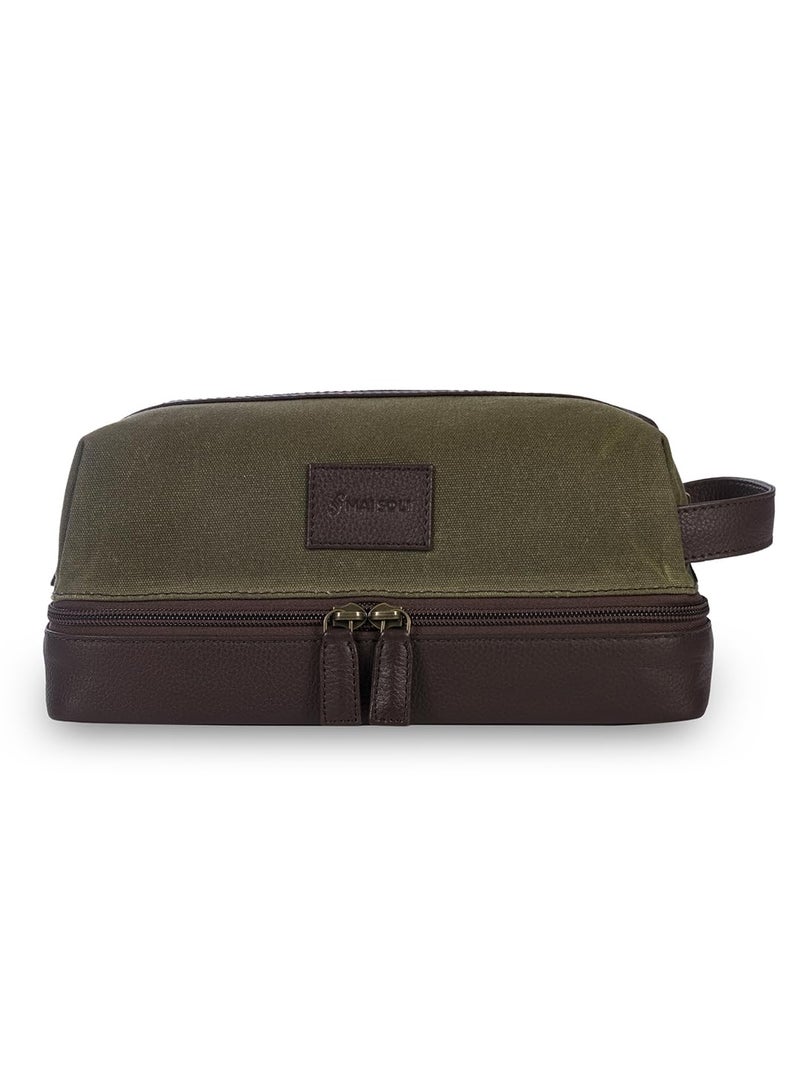 Mai Soli Genuine Leather Canvas Toiletry Bag for Men, Shaving Kit Bag, Portable Travel Organizer, Pouch for Travelling - Moss Green Brown - Image 1