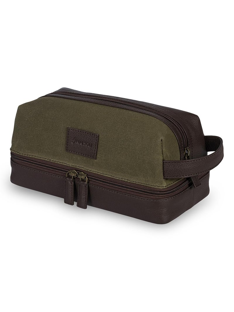 Mai Soli Genuine Leather Canvas Toiletry Bag for Men, Shaving Kit Bag, Portable Travel Organizer, Pouch for Travelling - Moss Green Brown - Image 3