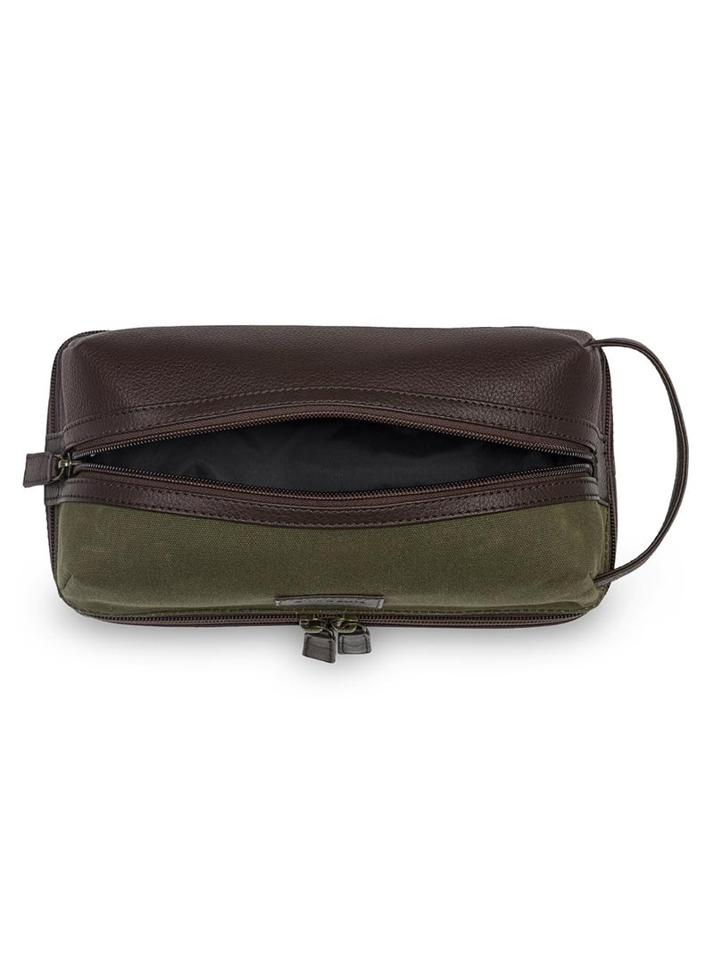 Mai Soli Genuine Leather Canvas Toiletry Bag for Men, Shaving Kit Bag, Portable Travel Organizer, Pouch for Travelling - Moss Green Brown - Image 4