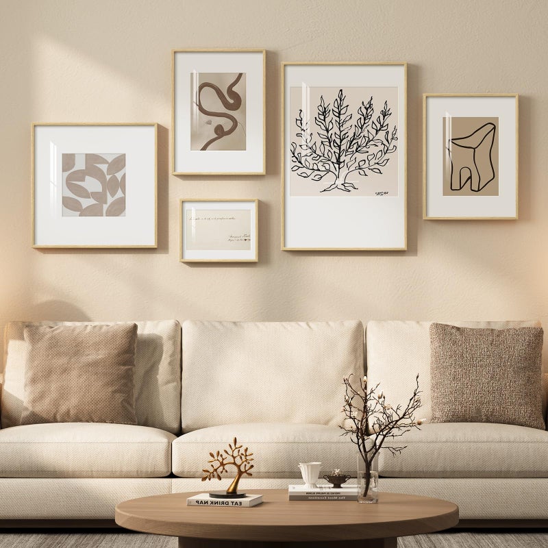 Cuspin Framed Matisse Abstract Neutral Wall Art, 5 Piece Large Beige Canvas Prints Set, Modern Minimalist Geometric Botanical Paintings for Living Room, Bedroom, Hallway, Home Office, Guest Room - Image 1