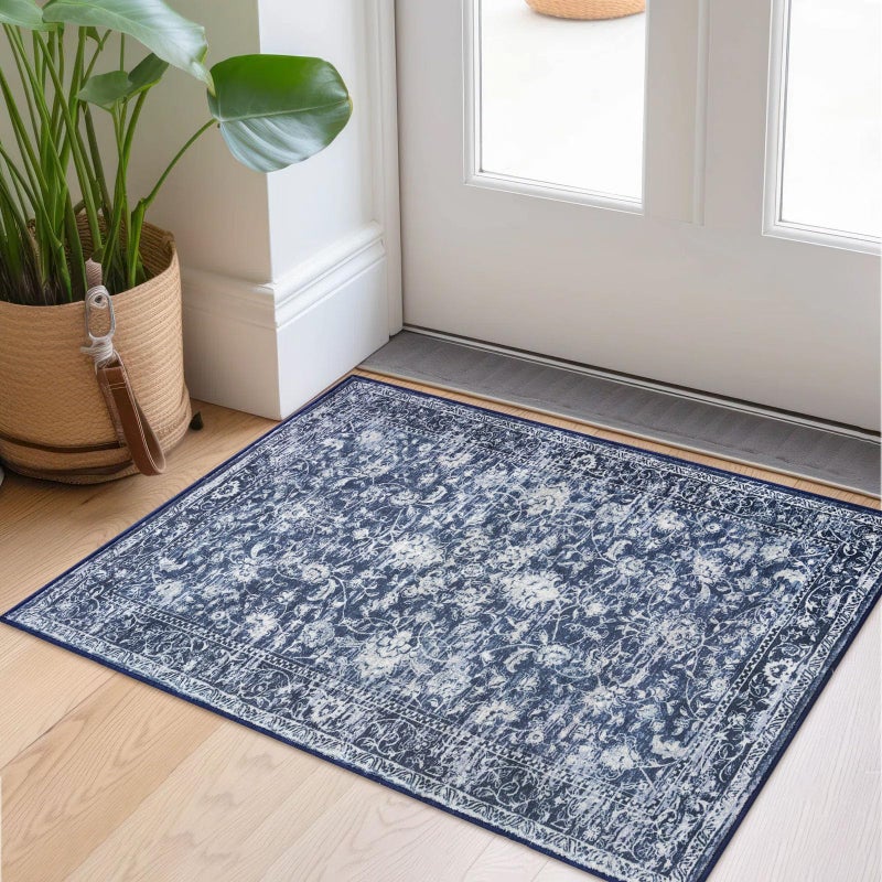 KILOCOCO Washable Rug 2x3 Rug for Entryway Printed Vintage Floral Soft Non-Slip Blue Kitchen Rugs Indoor Door Mat, Small Accent Throw Rugs for Laundry Room Bedroom Entrance - Image 1