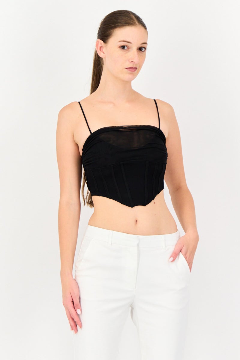 Bershka بلوزة كورسيه بدون أكمام منقوشة للنساء، سوداء - Image 1